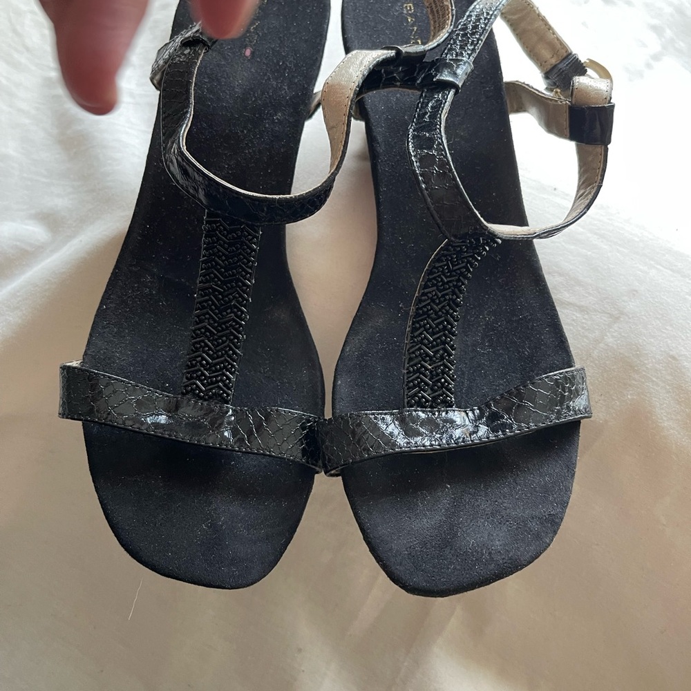 Bandolino, black, wedge-heeled, strappy sandals.  Size 10.5. Beautiful 🤩